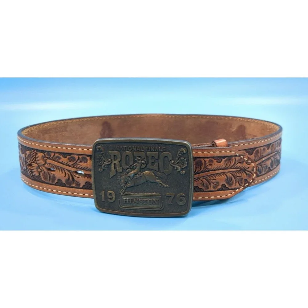 Tony Lama Brown Leather Tooled Belt &1976 Pro Rodeo Buckle Acorns Oak Leaves 29”